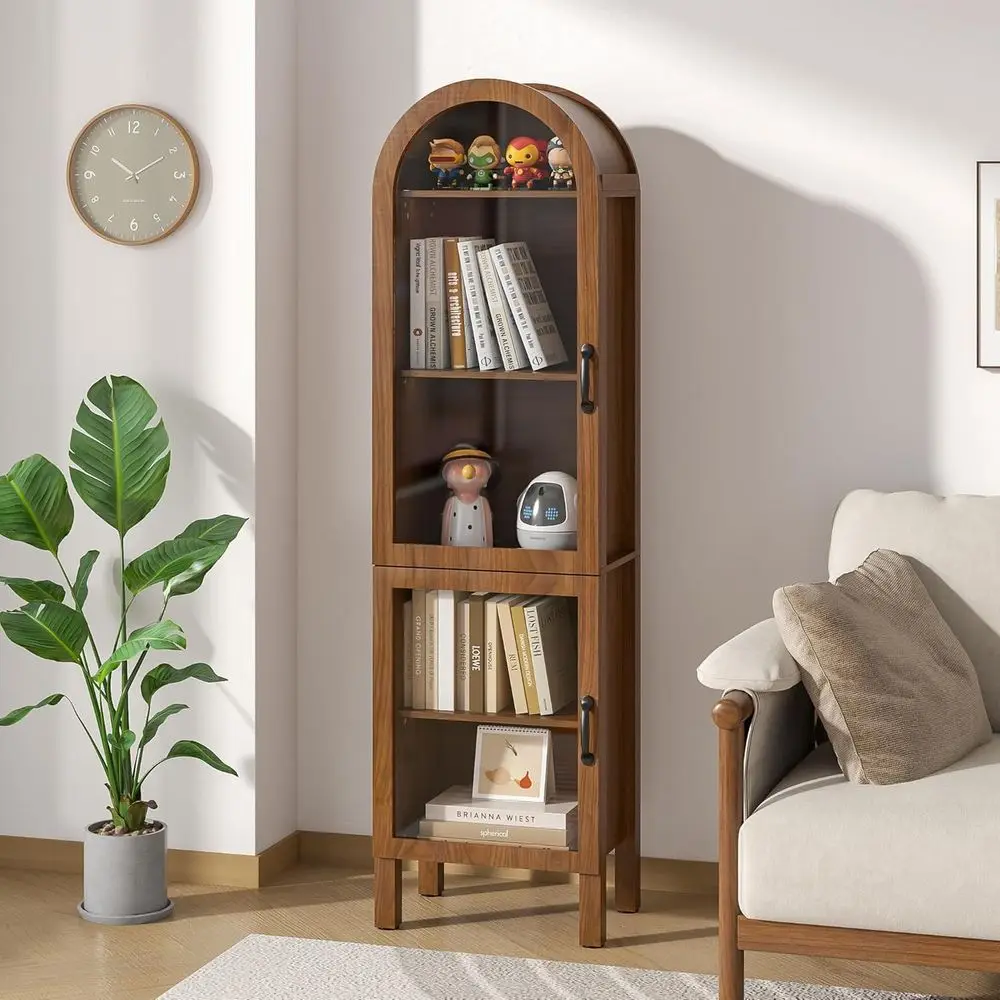 64.17 in Tall Arched Display Cabinet with Acrylic Glass Do5-Tier Kitchen Pantry Storage Cabiern Wood Curio Cabinet Bookcase or L view 6
