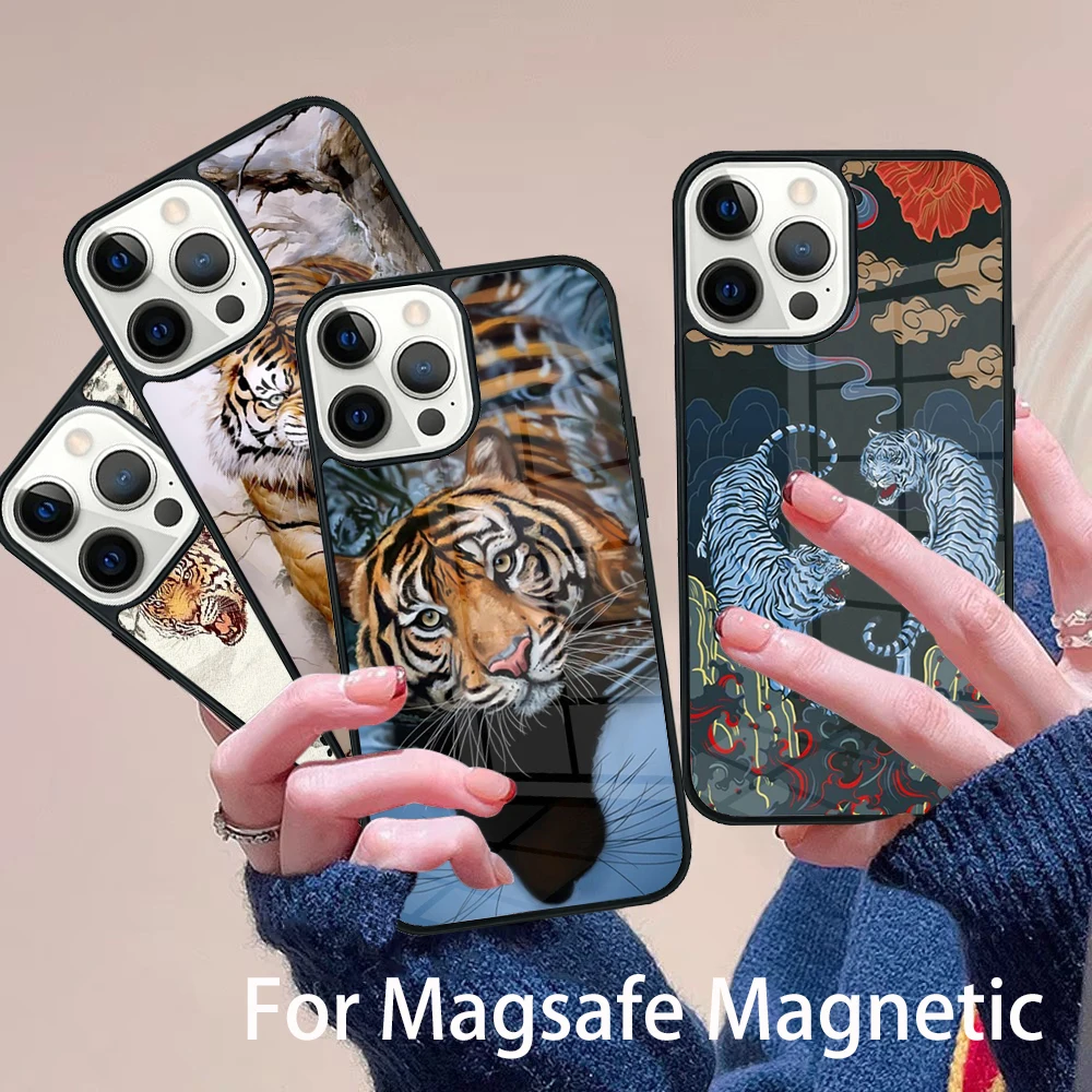 

Fashion Animal Tiger Art Phone Case Magesafe Magnetic Wireless Charge Cover For IPhone 16 11 12 13 14 15 Pro Max Plus Mini