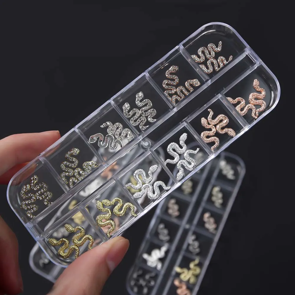 12Grid/Box Alloy Snake Nail Art Charms Metal/Diamond Decoration Jewelry Gold Silver 3D Mixed-Shape Manicure Rhinestones Supplies