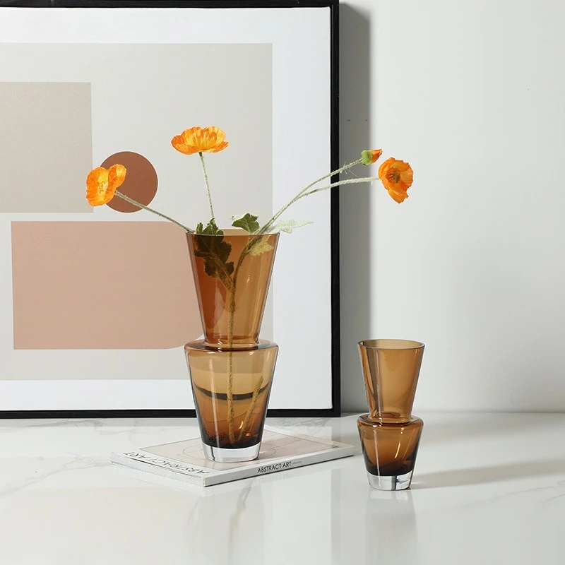 Modern light luxury geometric stacked cup amber glass vase entrance coffee table home water culture flower