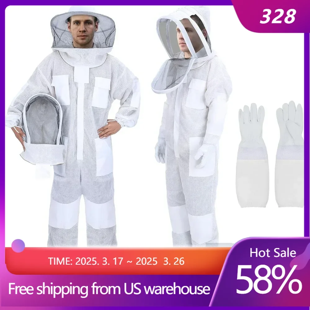 Ventilated Bee Suit, 3 Layer Bee Suit for Men Women, Sting Proof Protective Beekeeping Kit  2 Beekeeping Veils for Beekeepers