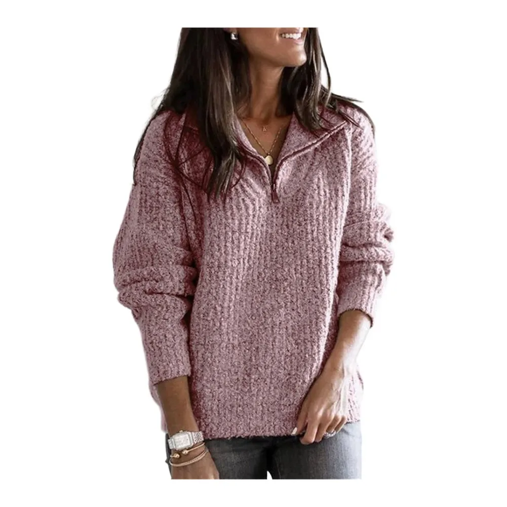 Casual Pullover Sweater with Lapel Collar Half Zipper Knitted Long Sleeves Solid Pattern for Women Suitable for Daily Wear