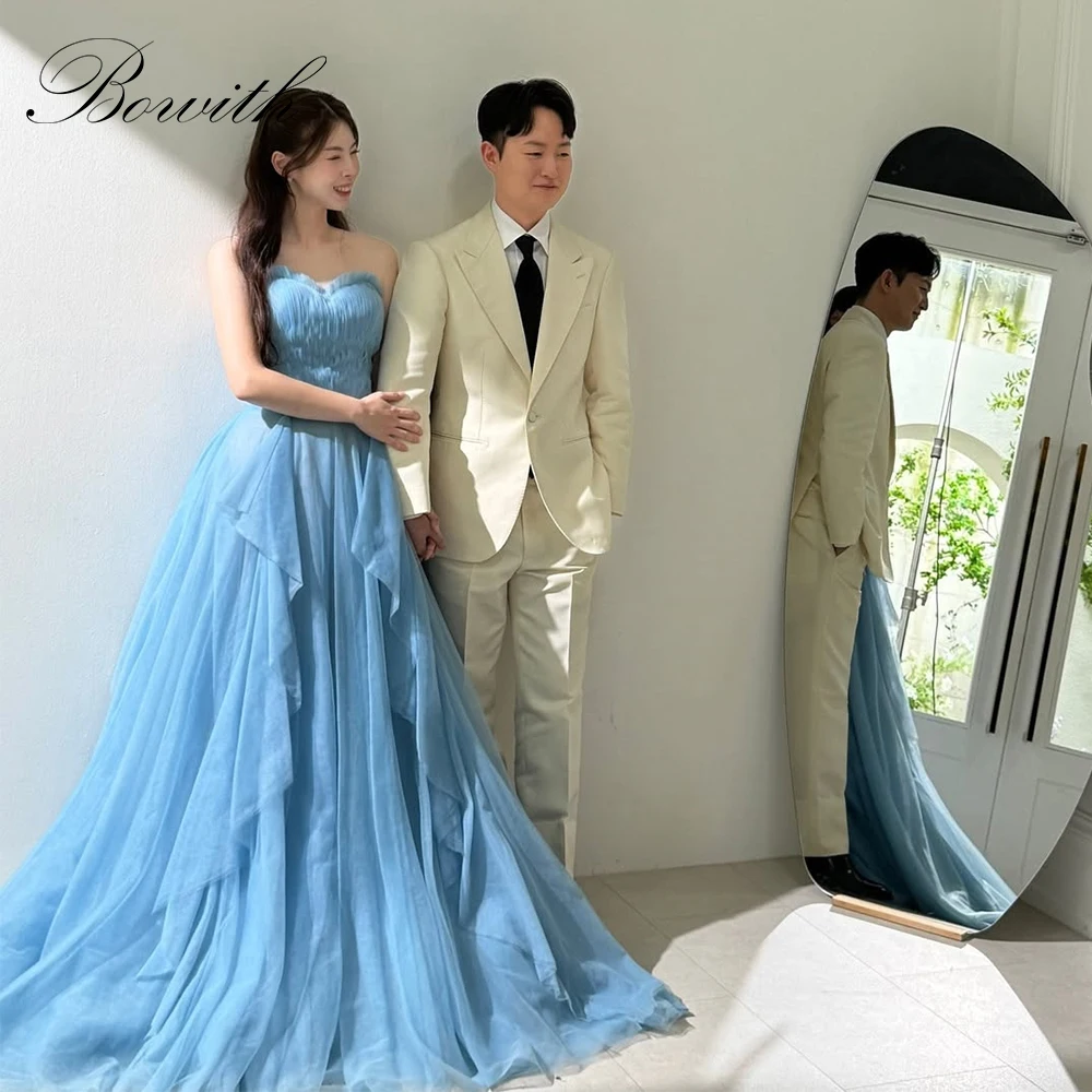 

Bowith Blue Korean Wedding Dresses 2025 Strapless A-Line Soft Tulle Bridal Gown Wedding Snap Dresses Corset Reception Dress