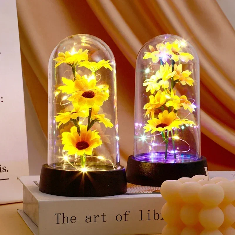 Artificial Eternal Sunflower LED Light Night Light Beauty in Glass Gold Foil Flower Valentine's Day Gift Enchanted Fairy Lights