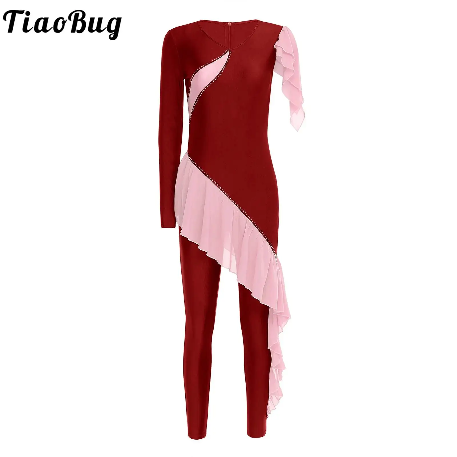 

Women Gymnastics Ballet Dance Jumpsuit Figure Skating Performance Costume Asymmetrical Sleeve Ruffled Trims Full Bodysuit Romper