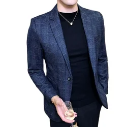 Vintage Plaid Blazer British Stylish Male Blazer Suit Jacket Business Casual One Button Blazer for Men Regular Abrigo Hombre