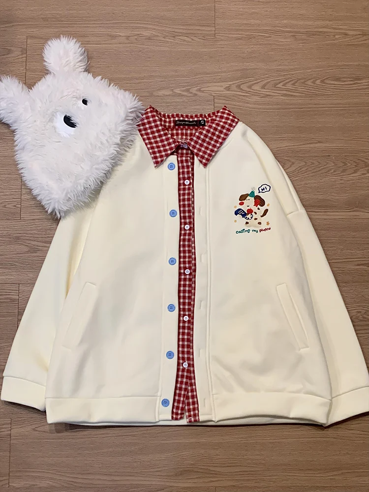 

Cute Dog Embroidery Fake Two-Piece Sweatshirt Jacket Women's Autumn Winter New Style College Style Loose Versatile Baseball J...