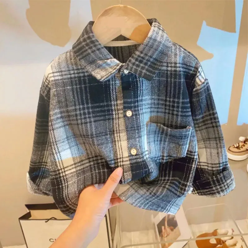 Spring Autumn Warm Coat Shirt for Boys and Girls 1-9 Year Old Classic Striped Plaid Top Thickened Korean Fashion Children\'s Wear