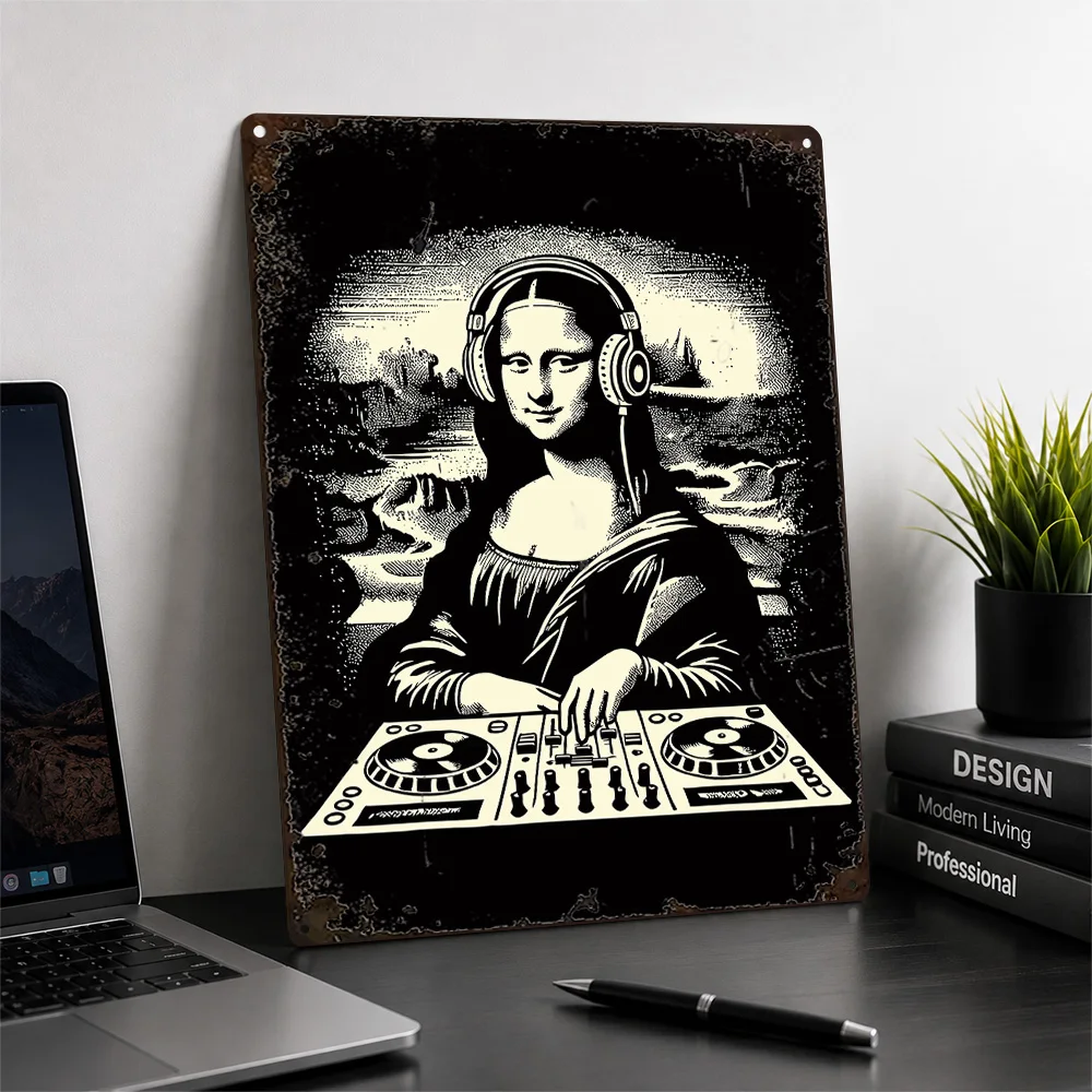 Mona Lisa At DJ Mixer Textured Metal Poster Monochrome Wall Art For Listening Room Customized Aluminum Sign Music Fan Gift Idea