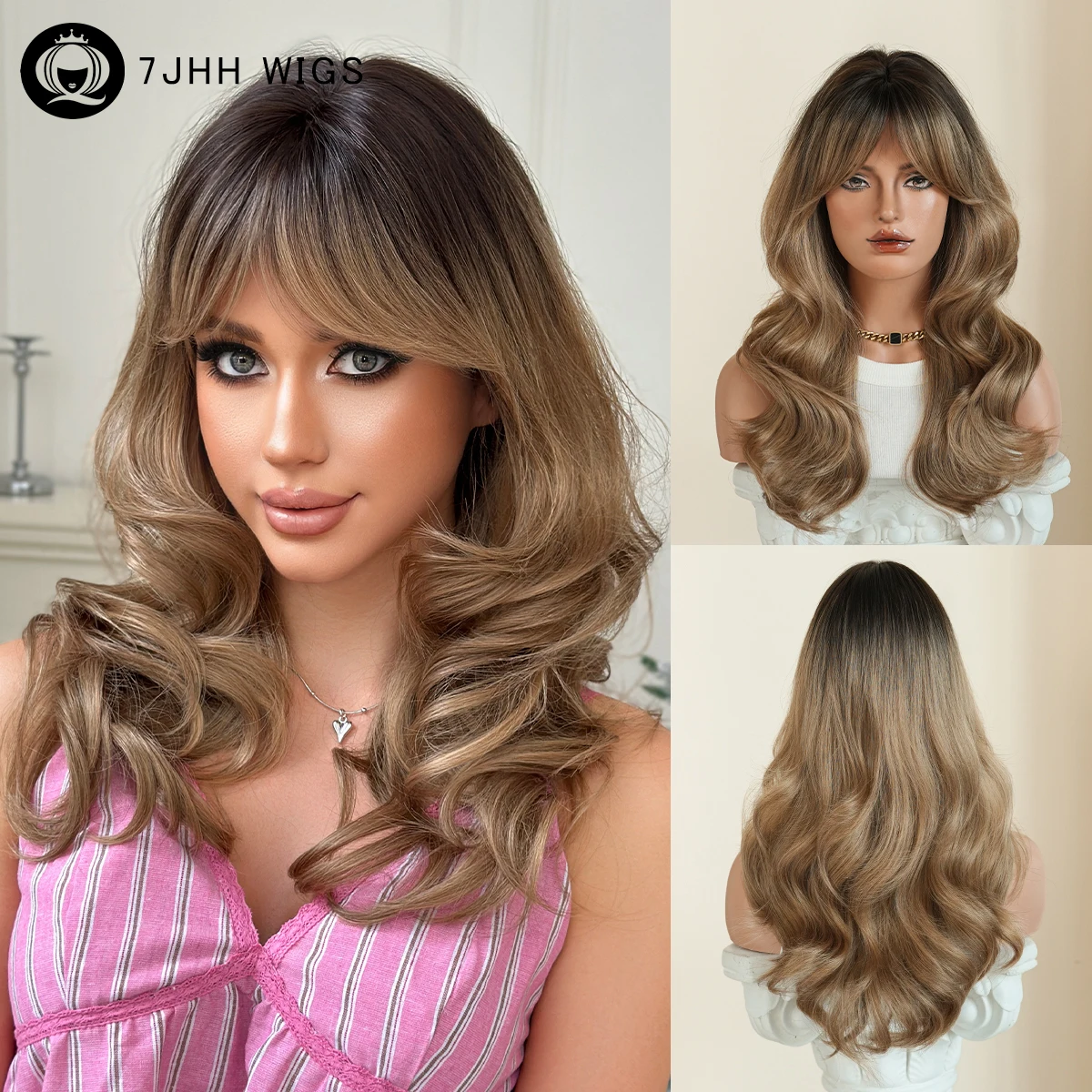 

Shoulder Length Body Wave Champagne Golden Wig for Women Modest Fashion Synthetic Middle Part Brown Wigs with Curtain Bangs