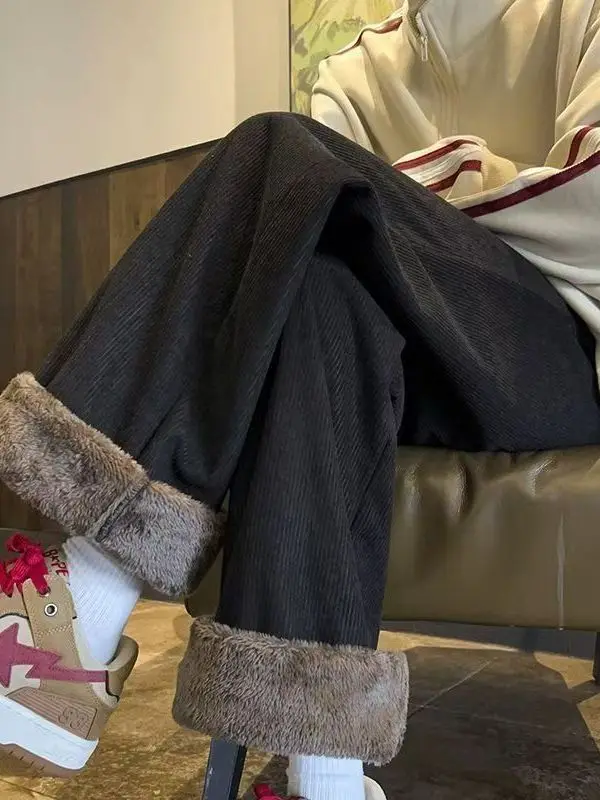 

Утепленные вельветовые брюки прямого кроя для мужчин, осенне-зимние, теплые, свободные, модные, универсальные, длинные, зимние теплые брюки