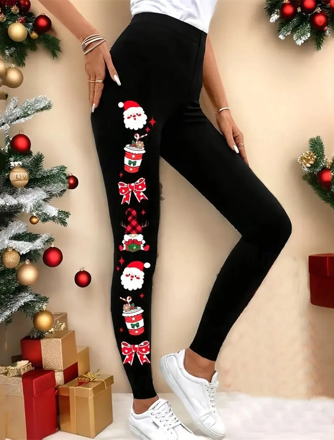 Women Christmas themed candy gingerbread leggings retro style full waist pants X'mas outdoor vacation casual daily Woman clothes