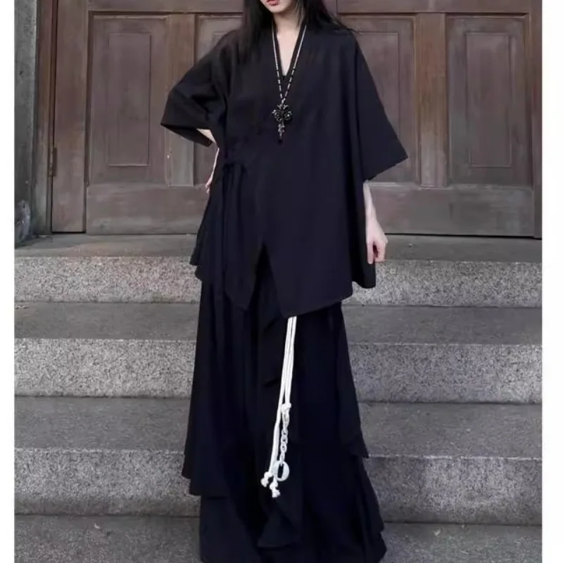 Short Sleeve Shirt for Women Black Dark Style Japan Harajuku YY Design Ribbons Casual Lady's Clothes Creative Art Style