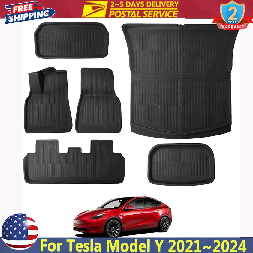 

6PCS All-Weather TPE Car Floor Mats For Tesla Model Y 2021~2024 Luggage Mat Set Four Seasons Waterproof Anti-slip Trunk Mat