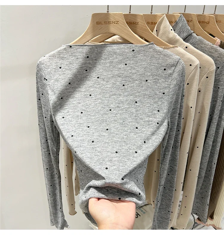 2026 Sommer Dünnes Schicht-Unterhemd Lässiges Allround-Oberteil Damen T-Shirt Aprikotfarben Gepunktet Ein-Schulter Langarm-Shirt – Detail 11
