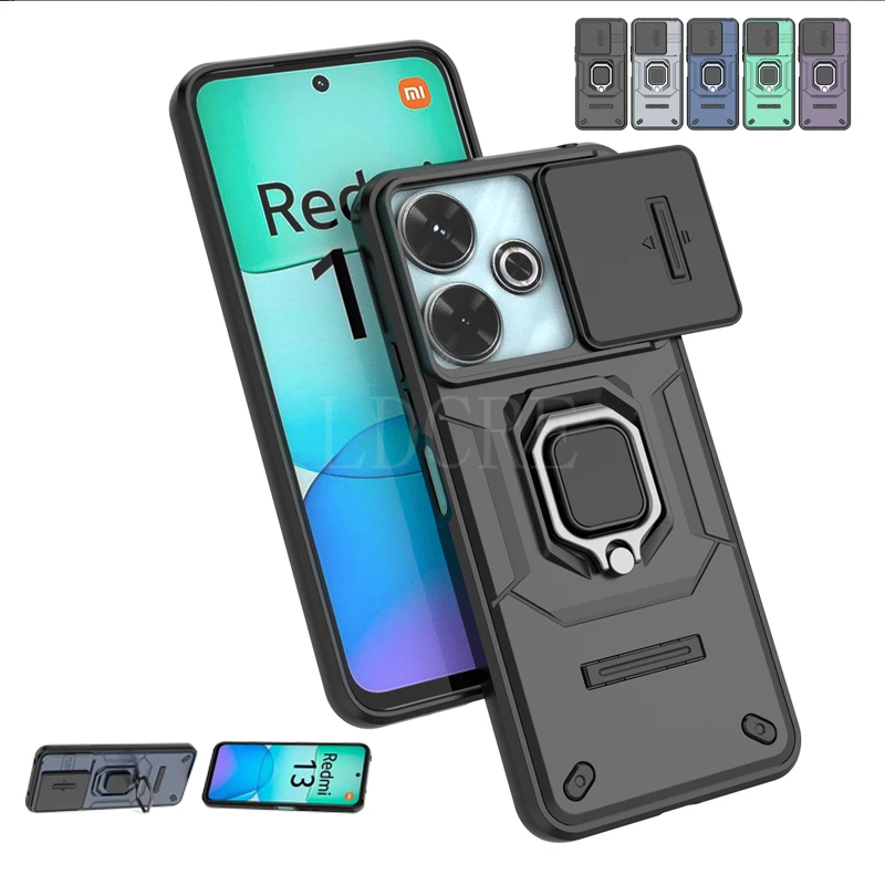 For Cover Xiaomi Redmi 13 Case Redmi 13 Redmi13 Capas Armor Bumper Back Shockproof Slide Camera Lens Ring Holder Fundas Redmi 13