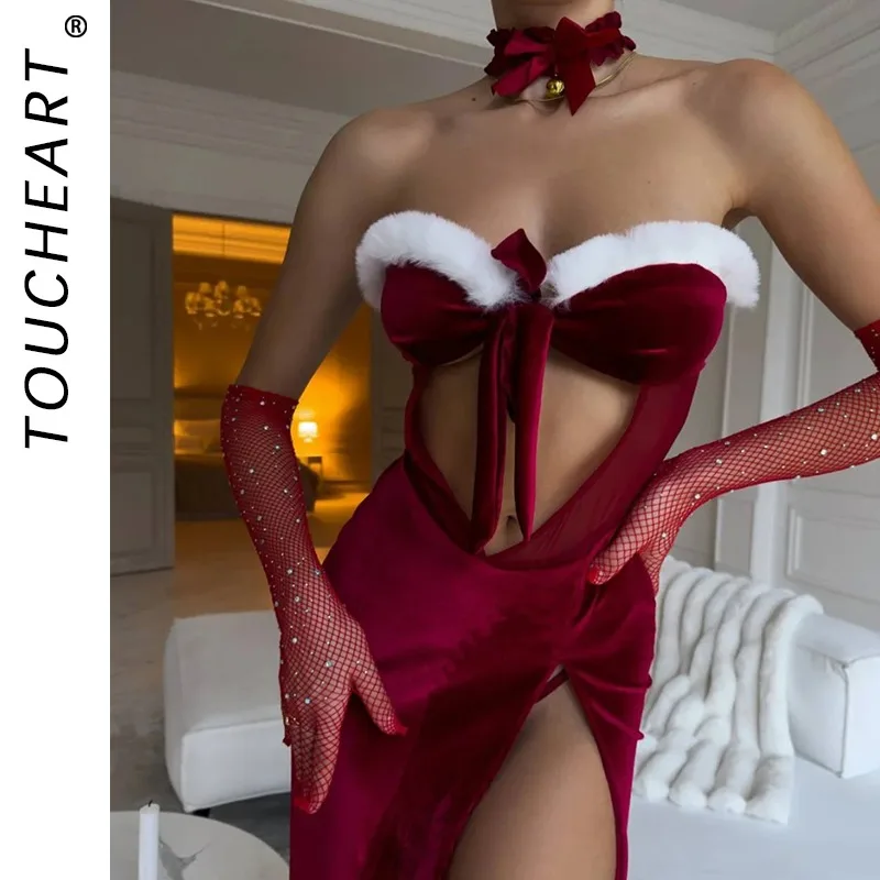 Toucheart-traje de conejito erótico de Navidad para pijama de uniforme de coqueteo de terciopelo Sexy, ropa interior íntima seductora