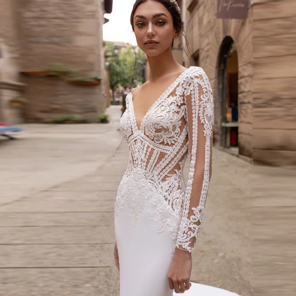 Elegant Bridal Gown Mermaid 3D Lace Applique Wedding Dress 2024 Sexy V-neck Bling Sequins Suknia Slubna Botton Court Train