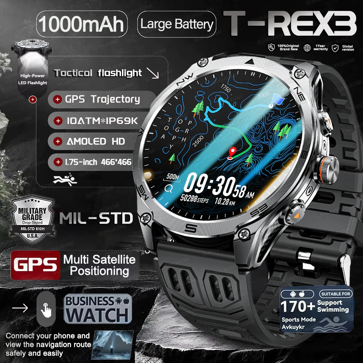 

2025 Новые глобальные GPS спортивные умные часы T-REX3 уличный фонарик для исследования 10 АТМ водонепроницаемые тактические спортивные HD-вызовы умные часы