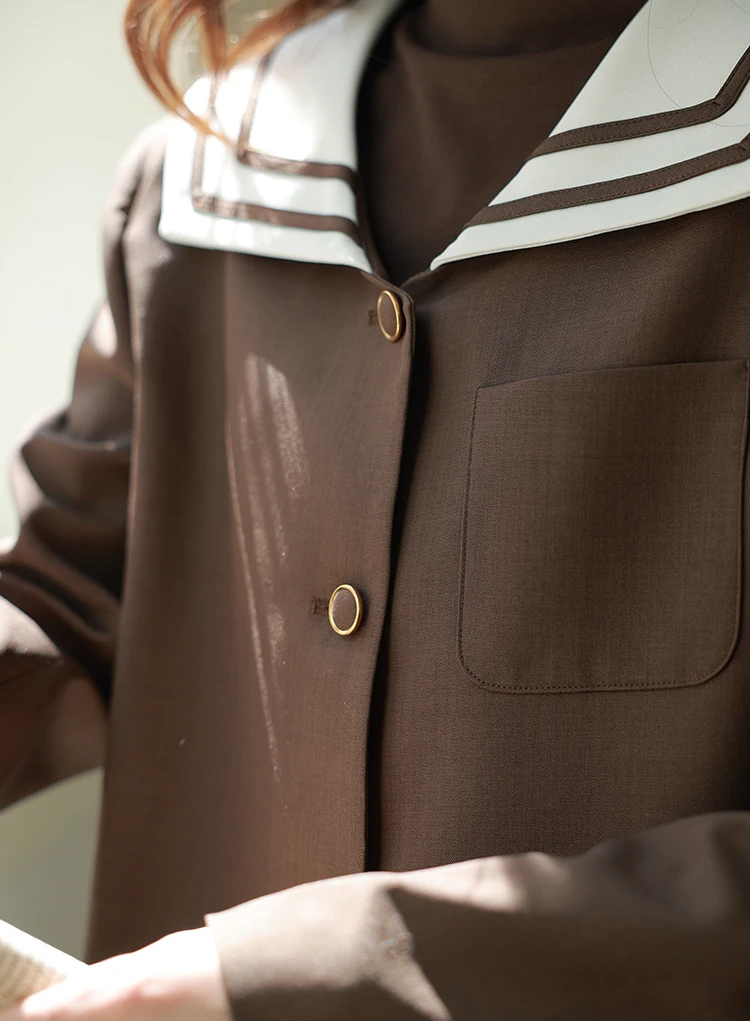 Elegant Brown Blazer Jacket Vintage School Style Outerwear High Waist Slim Fit Cropped Coat Women Autumn Winter Casual Fashion