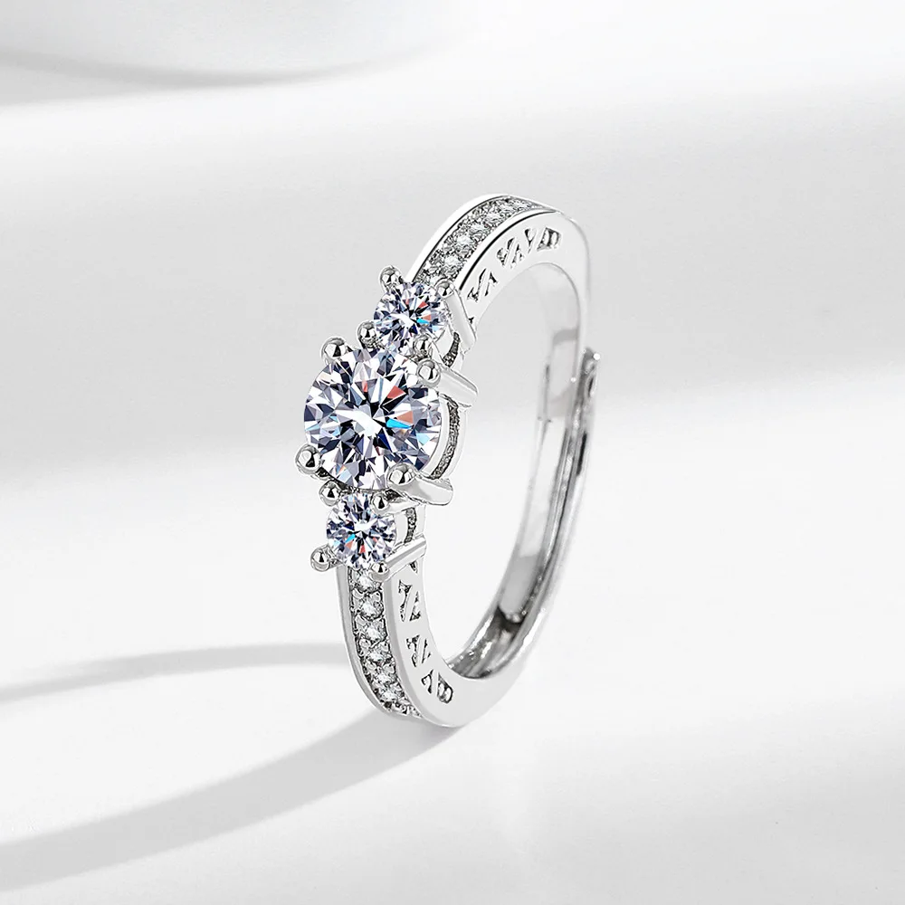 Women's 3 Stone Moissanite Wedding Ring Paved Side Stones Adjustable Silver Band for Proposal Anniversary Gift