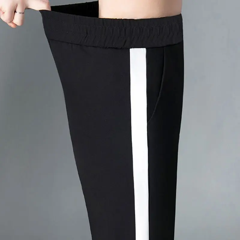 Korean Fashion Women Casual Sports Pants Spring Autumn New Vertical Stripes ElasticHigh Waist Loose Wide Leg Straight Trousers