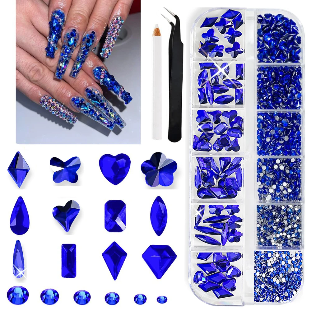 12グリッド赤青緑クリスタルラインストーンネイルチャームフラットバックダイヤモンドガラスストーンジェム、ピックアップペンピンセット付きマニキュアデコレーション