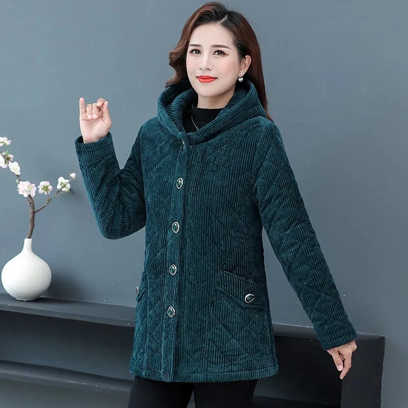 Parkas Women 2024 Winter New Fleece Thicke Corduroy Outerwear Cotton Jacket Female Hooded Padded Coat Clothes Basic Coats