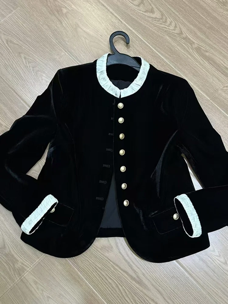 Elegant Velvet Jacket Women's Fashion Spring Autumn Gold Buckle Stylish Top Quality Material round Neck Long Sleeve  Color