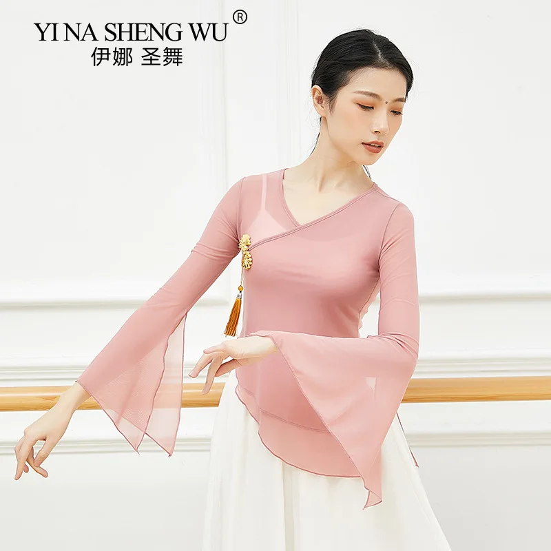 Women Classical Dance Practice Clothes Elegant Ancient Shirt Rhyme Gauze Top Folk Dance Costume Solid Color Long Sleeve Tops New