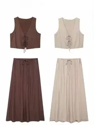 HH Women Vintage Solid Skirt Sets Bow Lace-Up Short Vest Top Loose Drawstring Midi Skirts Summer Female Streetwear Outfit