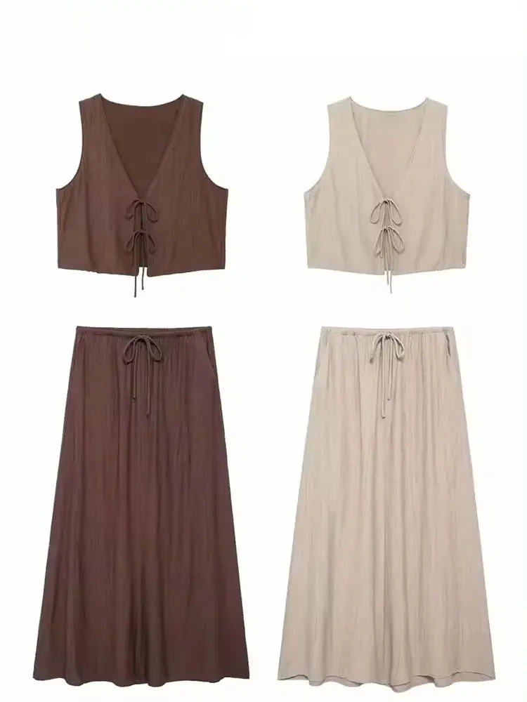 HH Women Vintage Solid Skirt Sets Bow Lace-Up Short Vest Top Loose Drawstring Midi Skirts Summer Female Streetwear Outfit