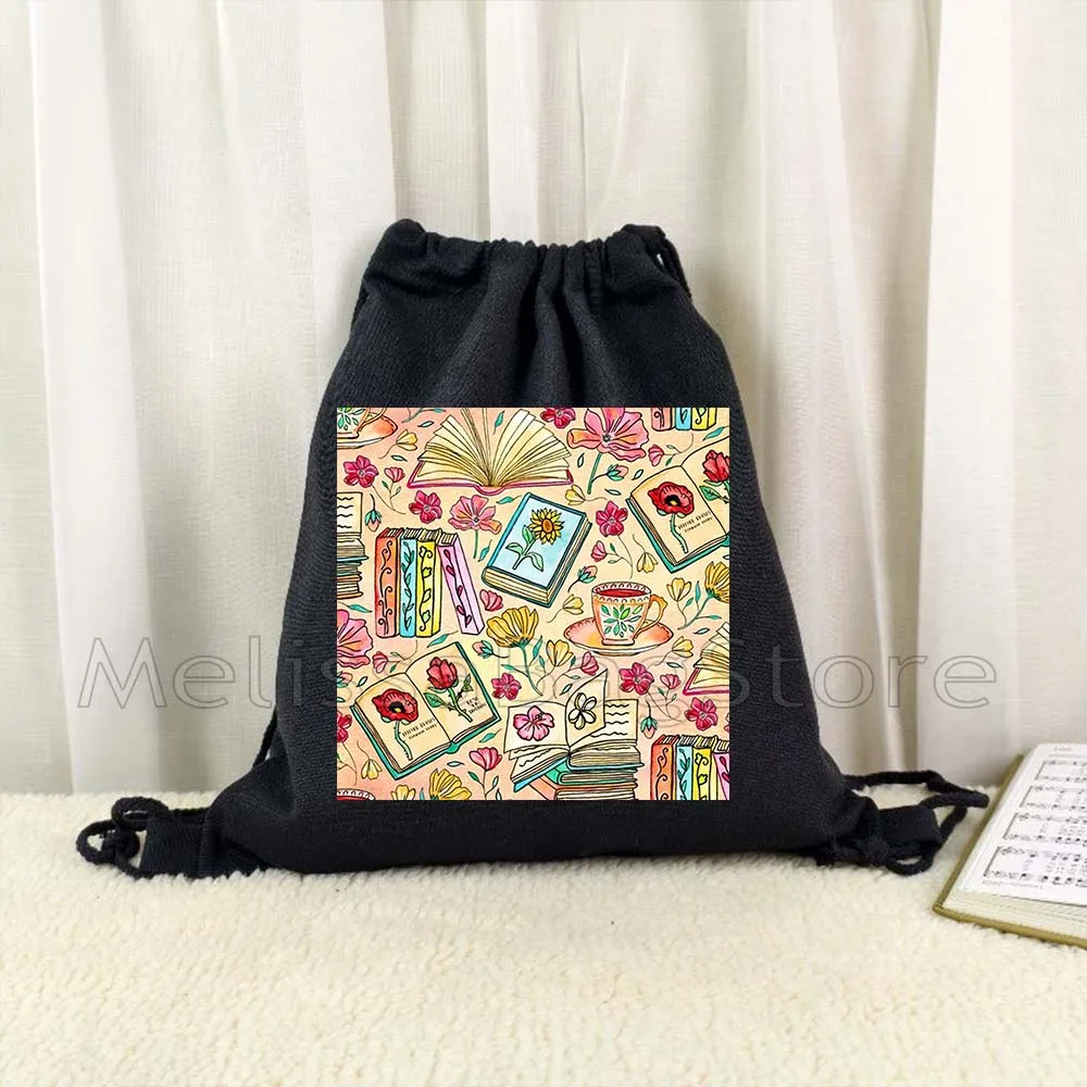 Aesthetic Floral Stack of Books Coffee Flowers Book Quotes Reading Cute Gifts Canvas Drawstring Bag Backpack Gym Sports Sackpack