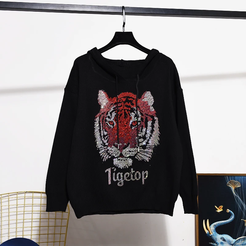 Heavy Work Tiger Hot Drilling Knitted Tracksuits Set Women 2pc Loose Black Hooded Pullover Sweater Pencil Pants Outfits Female