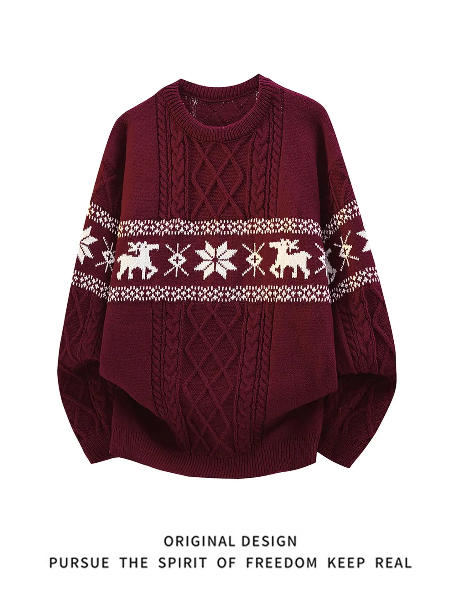 

Cisas Knit Sweater Men's Loose American Retro Twist Couple Sle Fair Isle Winter Faion Snowflake Deer Print Knitwear