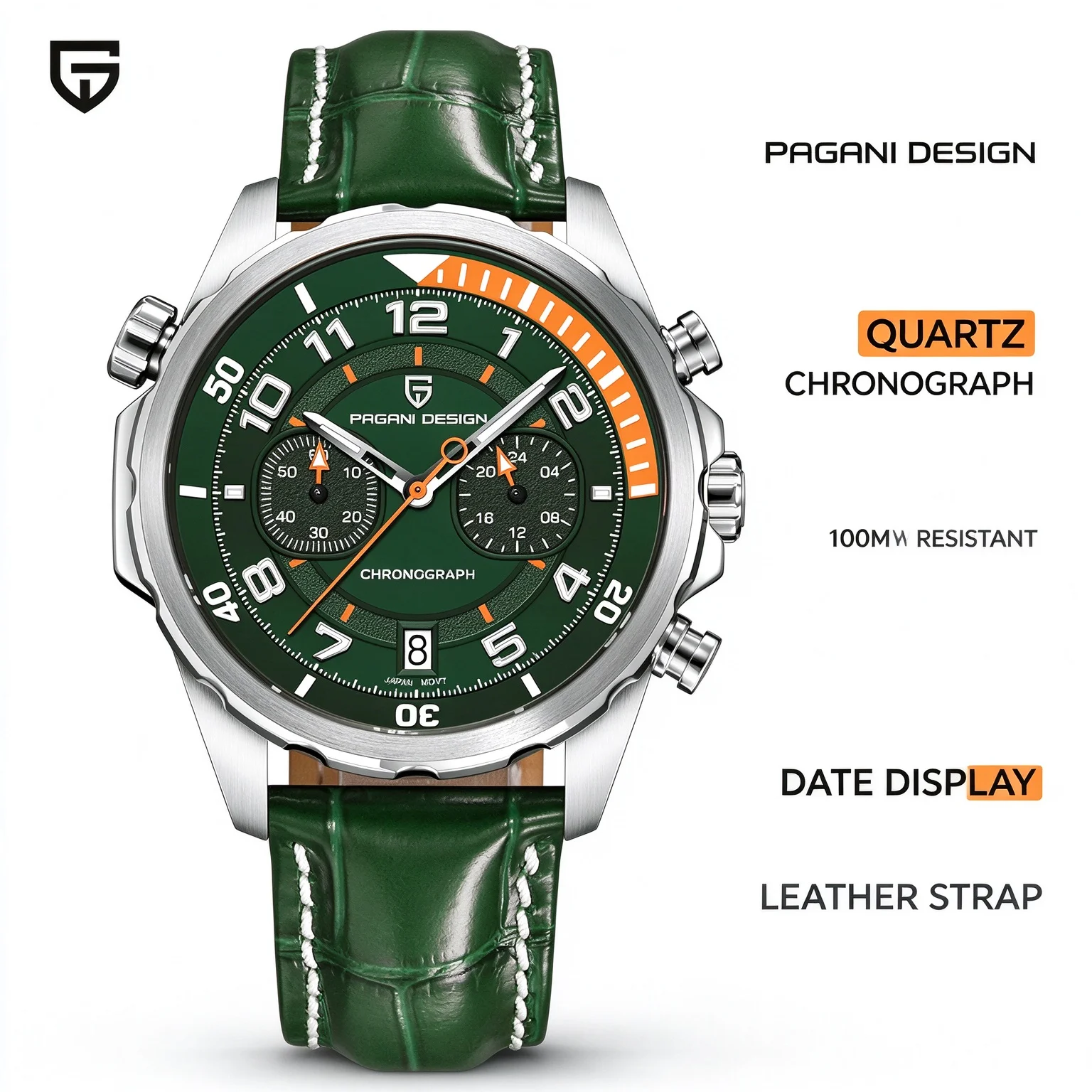 PAGANI DESIGN 44MM Business Men's Quartz Watch Chronometer 50M Waterproof Luminous Rotating Scale Dial