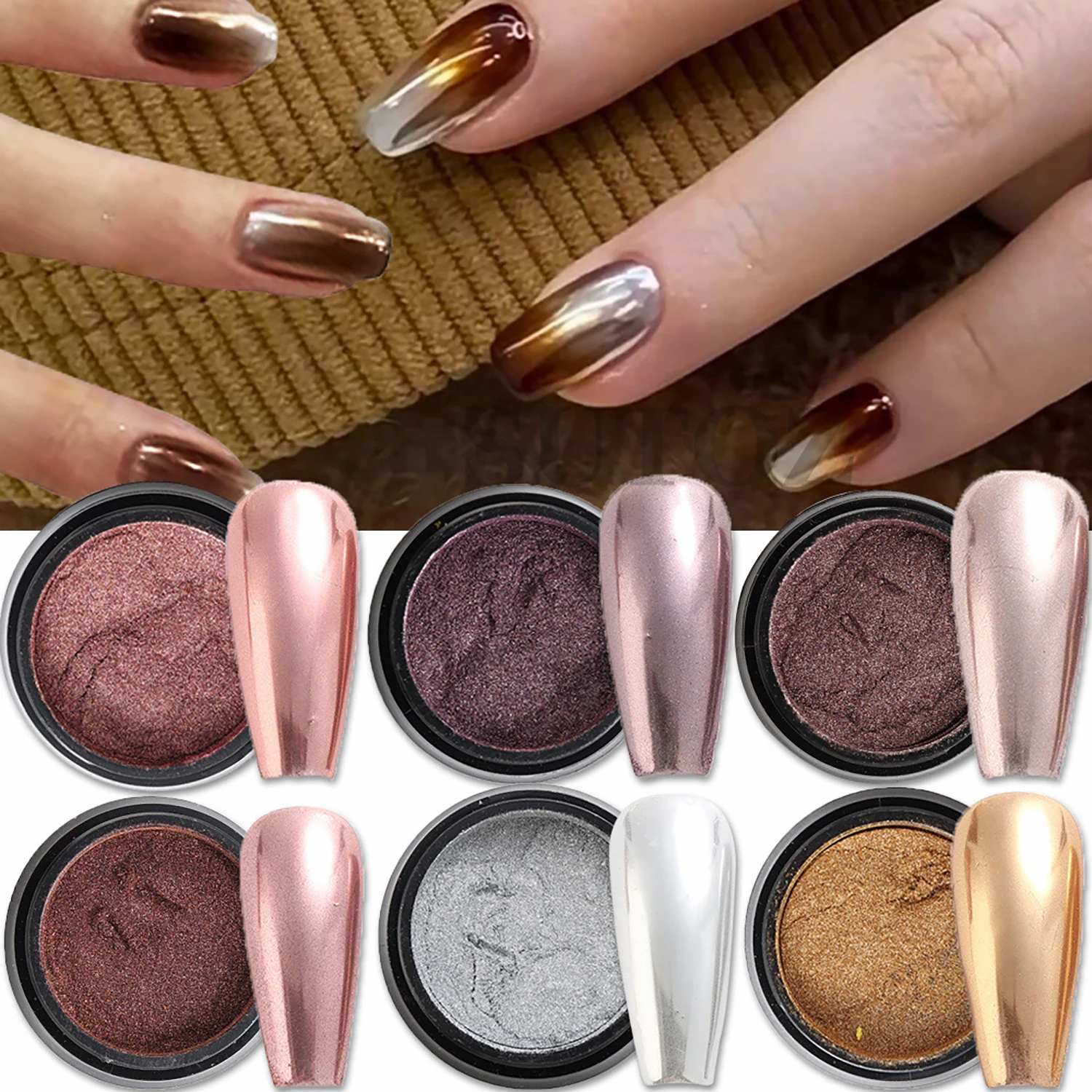 

6PCS Retro Nail Art Glitter Nail Coating Powder Pigments for Metal Mirror Effect Holographic Aurora Nail Art Decoration