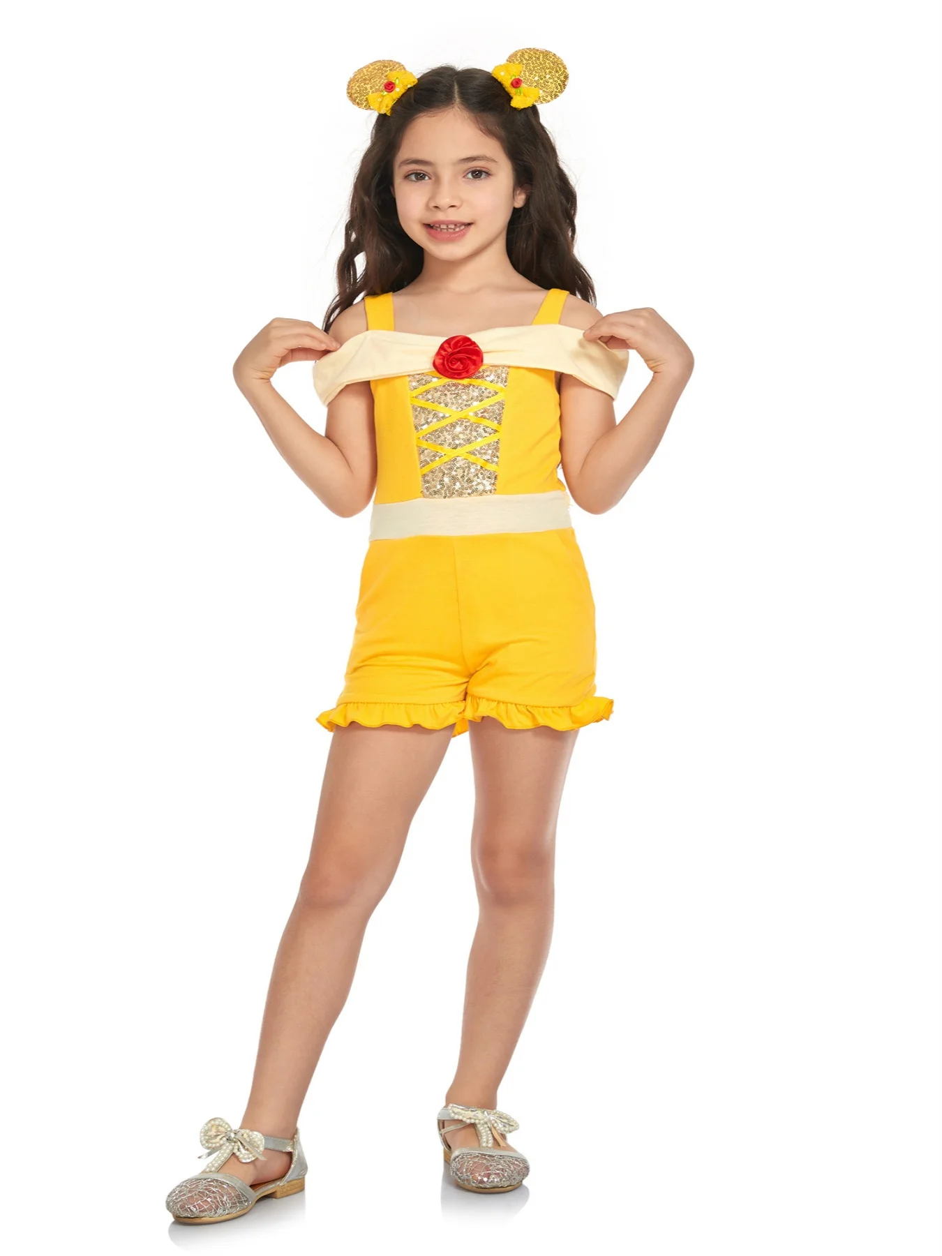 

2-14Y Softest Girl Bell Rose Princess Romper With Pockets Holiday Trip Everyday Wear Kid Cute Jumpsuit Dress Up Costume
