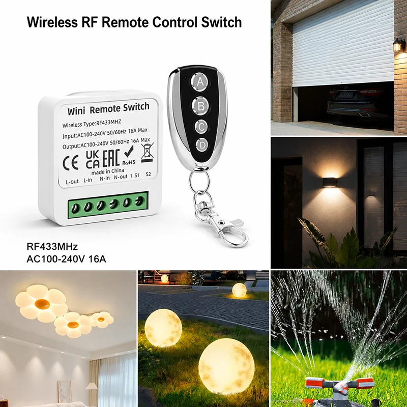 433MHz Mini Wireless Remote Switch 16A Relay, DIY Receiver Module for LED Light, Lamp & Home Automation