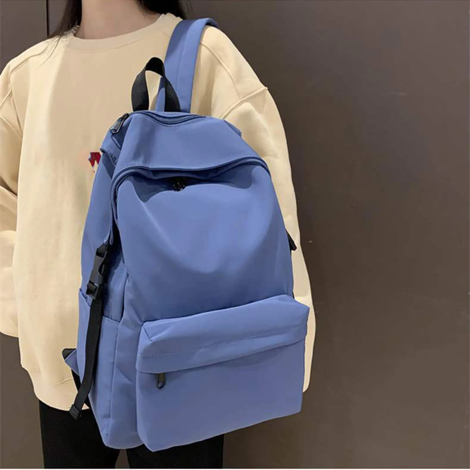 Solid Color Minimalist School Bag Durable Practical Schoolbag for High School College Students