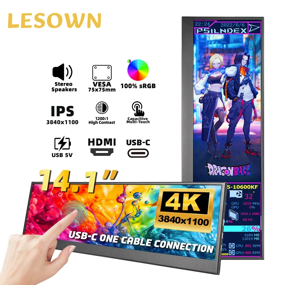 LESOWN 4K Long Stretched Bar Temp Monitor 14.1 inch 3840x1100 IPS HDMI USB-C Touch 1920x550 Aida64 CPU GPU Monitoring Display