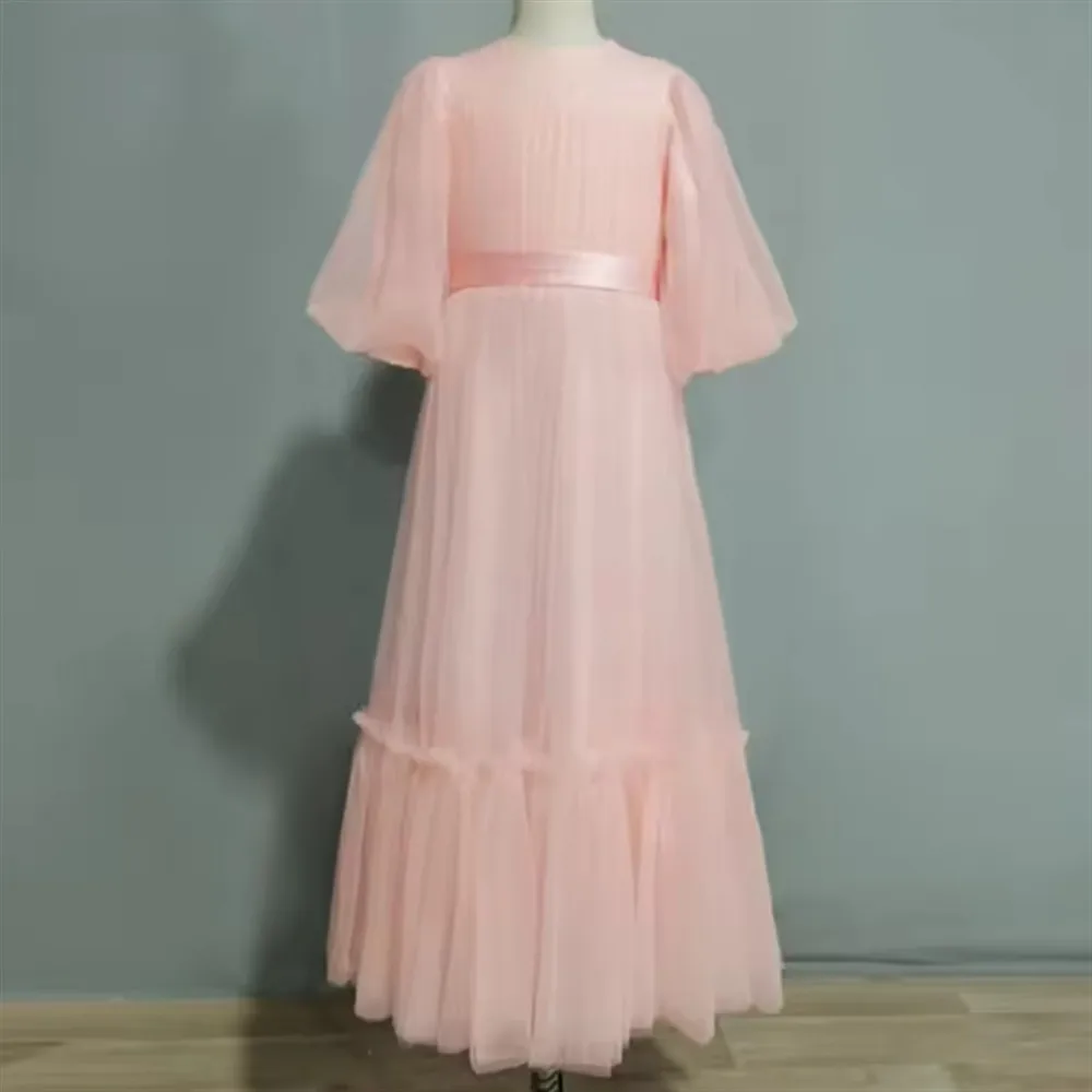 Abito da sposa personalizzato per ragazza di fiori con volant e cintura con fiocco, maniche a sbuffo, abito da festa di compleanno, abito da prima comunione per damigella d'onore