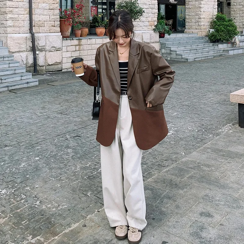 Coffee Colored Suit Leather Coat Women 2024 Spring Autumn New Style High-end and Fashionable Explosive Street Casual Jacket Top