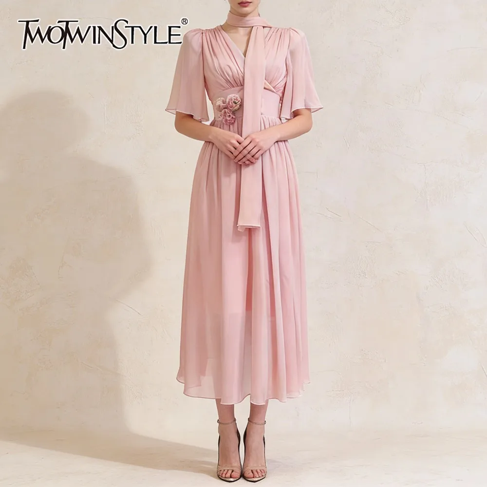 TWOTWINSTYLE Solid Spliced 3D Flower Chic Dress Female V Neck Half Sleeve Loose Elegant Sweet Women's Dresses Summer Fashion New