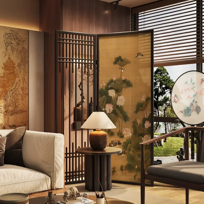 for New Chinese Style Bird Screen Partition Living Room Tea Room Background Decoration Blocking Foldable Solid Wood Fence