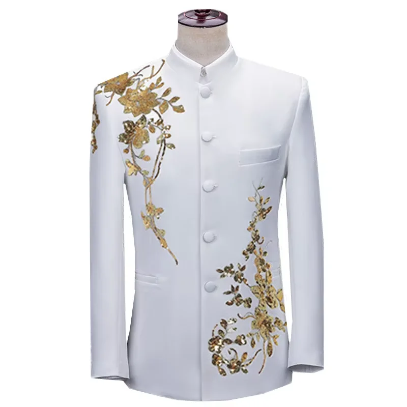 Men's Chinese Style Sequined Jacket Stand up Collar Luxurious Blazer for Stage Performance Singer Host Dress Coats
