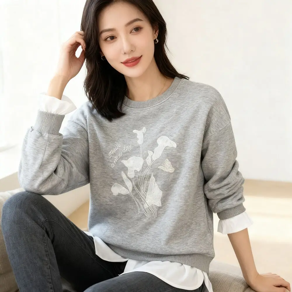 

Элегантный свитшот, кружевные толстовки с круглым вырезом и вышивкой в виде листьев лотоса, весна 2026, весенние пуловеры с расклешенными рукавами и рюшами из 2 предметов