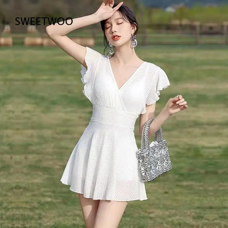 Women One Piece Skirt Swimsuit V Neck Ruffle Short Sleeve Mesh A Line Hem Bathing Suit For Summer Beach Pool Party Seaside