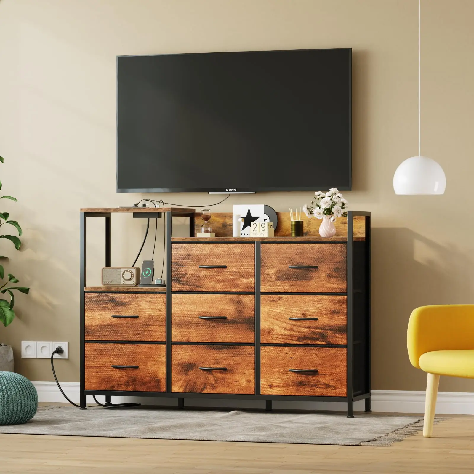 MCQ 8 Fabric Drawers And1 Open Space Cabinets Metal Frame Bedside End Table Storage With Charging Station for Home Furniture