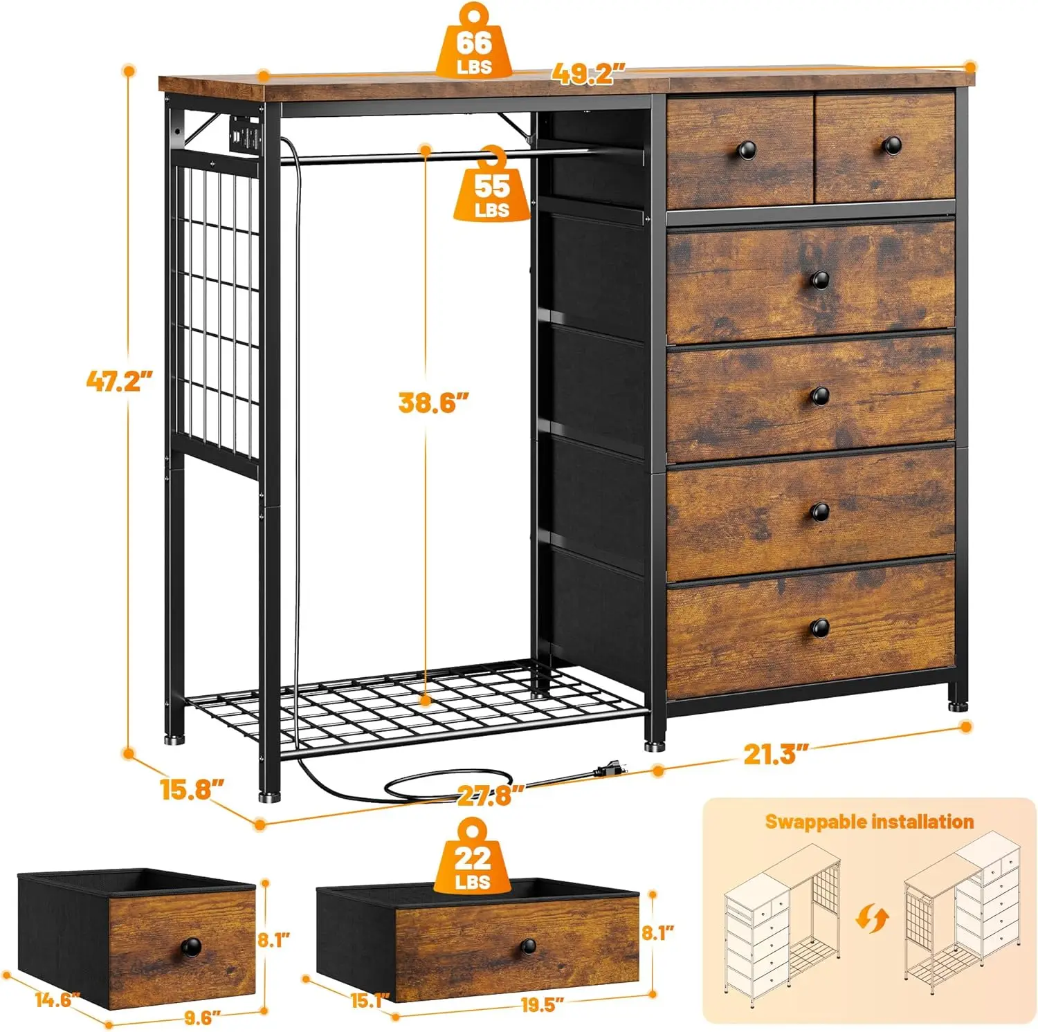 49.2" W Dresser with Hanging Rack & 6 Fabric Drawers – Wooden Top Organize Unit Featuring LED Lights, Charging Station & Grid Pa